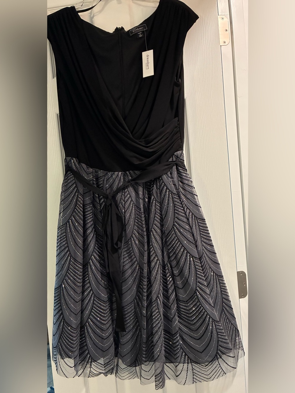 dressbarn Black Bodice with Silver-Accented Beaded Midi Dress